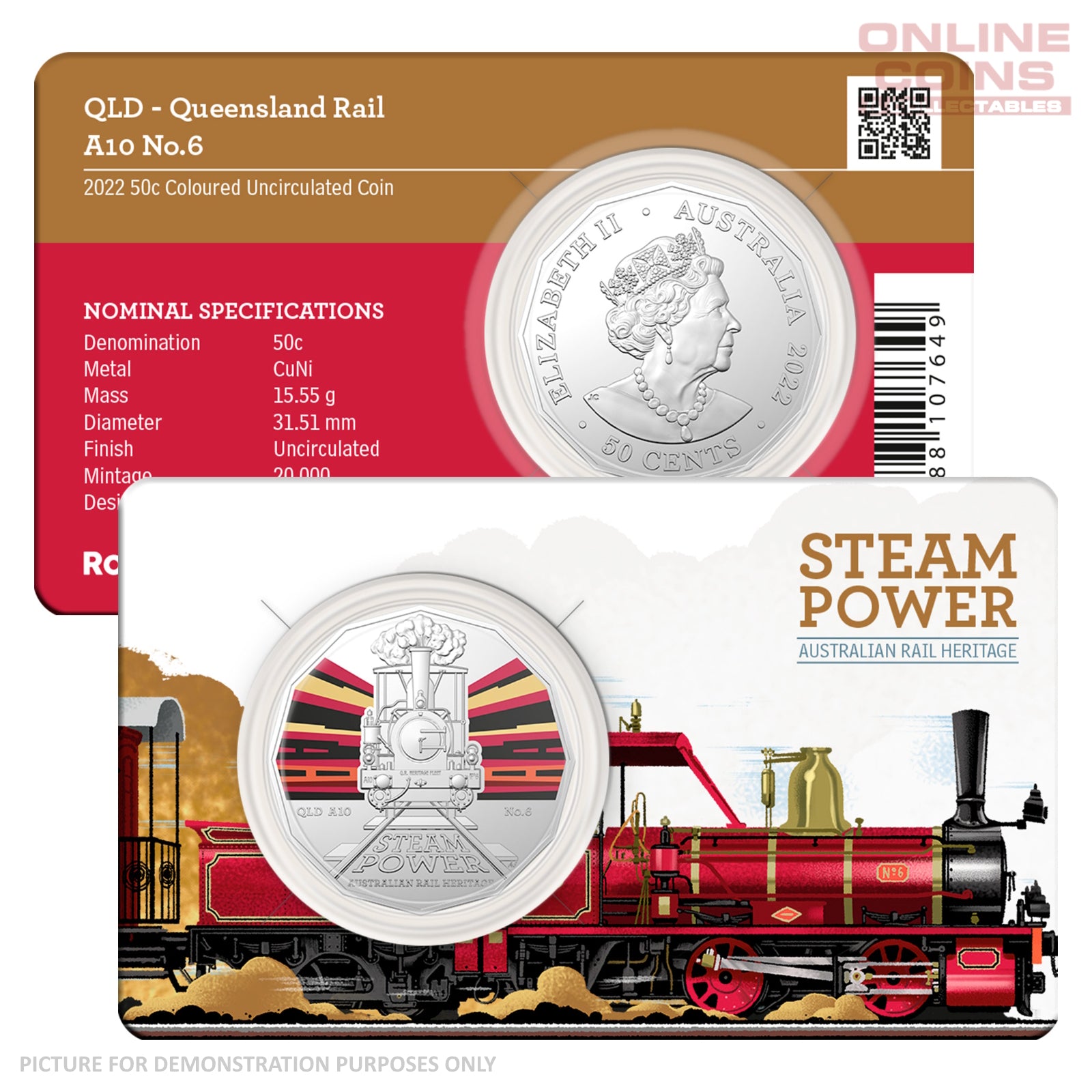 2022 50c CuNi Coloured Uncirculated Carded Coin - QLD Queensland Rail A10 No.6D